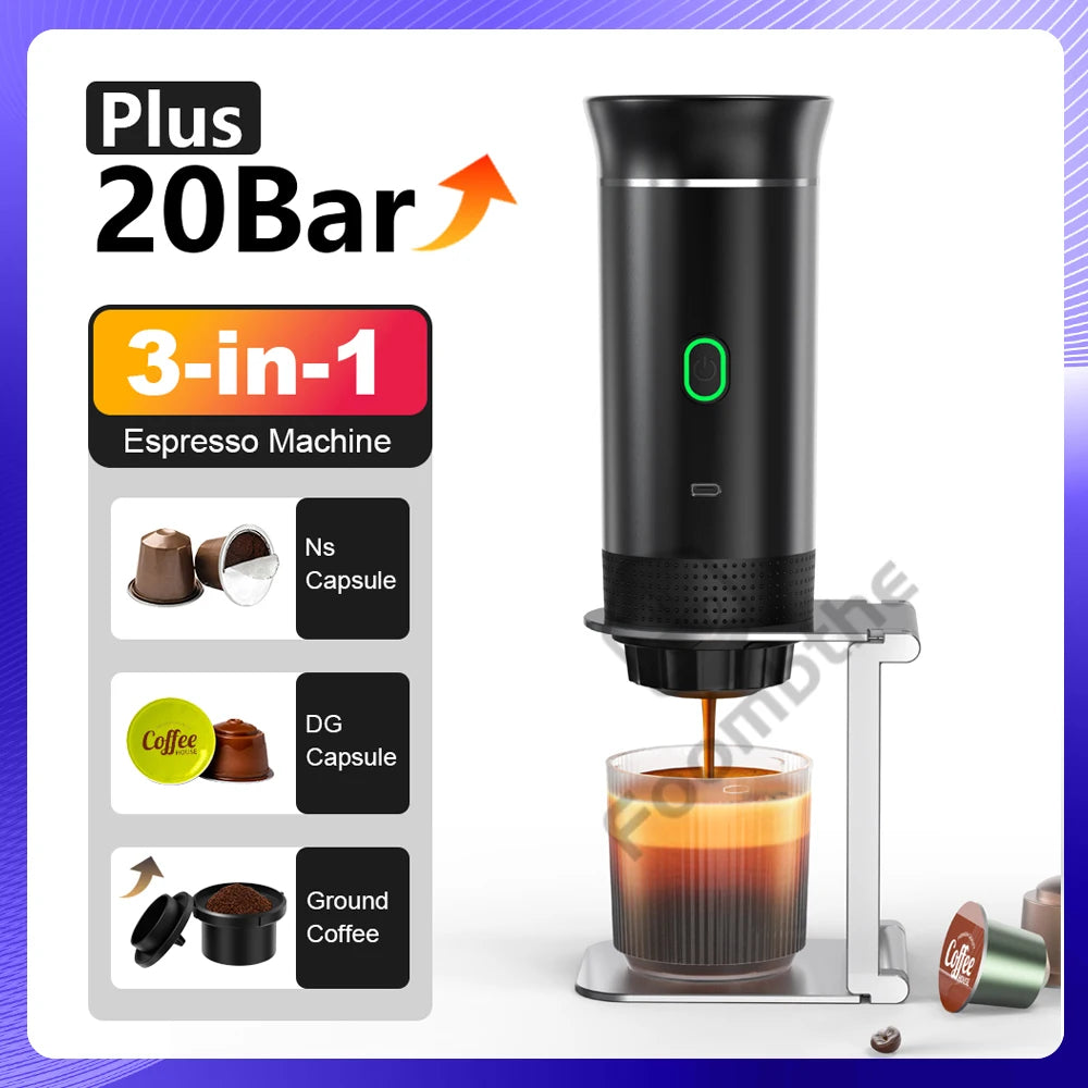 Portable Wireless Electric Espresso Coffee Maker for Car and Home - 3-in-1 Capsule and Powder Travel Solution