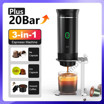 Portable Wireless Electric Espresso Coffee Maker for Car and Home - 3-in-1 Capsule and Powder Travel Solution