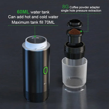 Portable Wireless Electric Espresso Coffee Maker for Car and Home - 3-in-1 Capsule and Powder Travel Solution